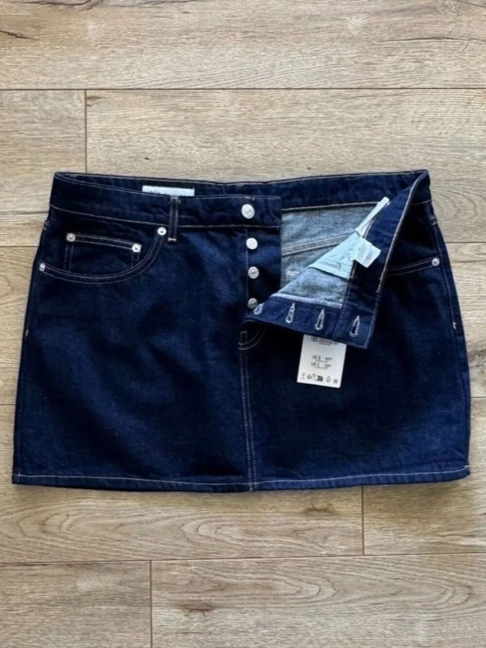 ZARA Cotton Dark Denim Button Front Silver Hardware Mini Skirt Size X-Large NWT